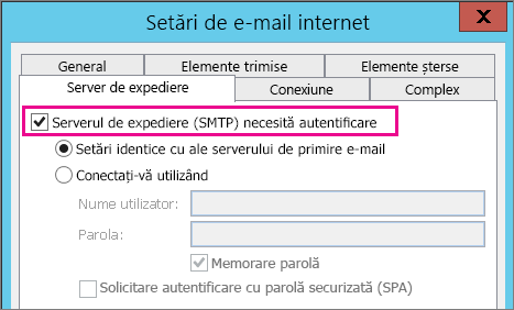 Alegeți serverul de expediere necesită autentificare.