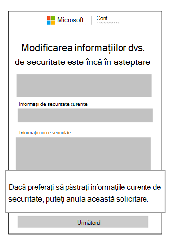 Captură de ecran cu modificarea informațiilor de securitate este încă în așteptare