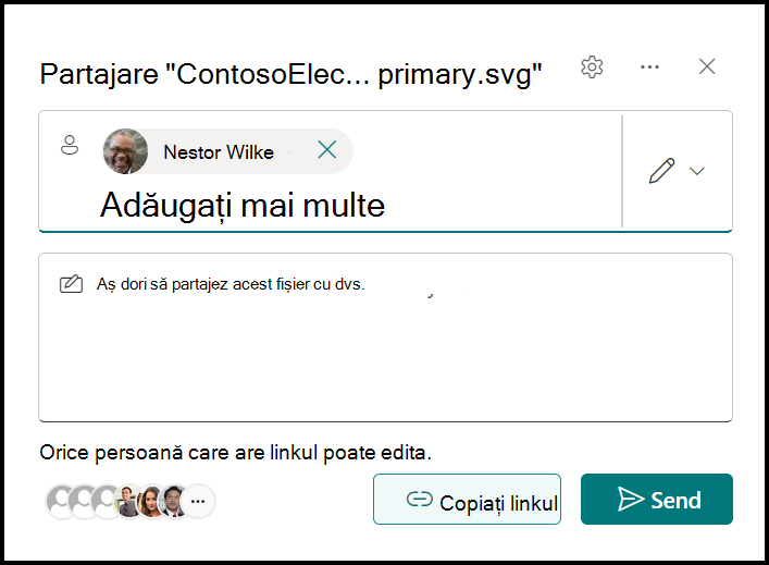 Captura de ecran a ferestrei de partajare a linkului fișierului, inclusiv lista de e-mail a destinatarului, zona de mesaje opțională, lista partajată cu, linkul "Oricine are linkul poate edita", butonul Copiere link și butonul de trimitere.