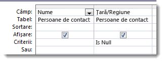 Imagini afișând câmpul criterii în proiectantul de interogări cu criteriul is null