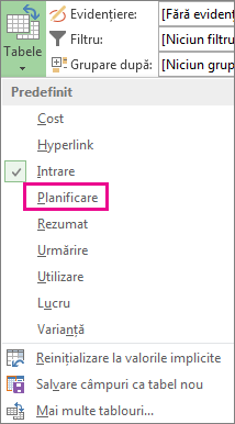 Intrare Planificare în meniul Tabele