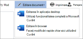 Selectați Editare în browser pentru a edita în Word pentru web