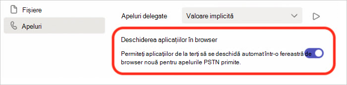 Captură de ecran a setărilor pentru a activa sau a dezactiva răspunsul la apeluri în fereastra pop-up a browserului.