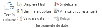 Grupul Instrumente de date din fila Date