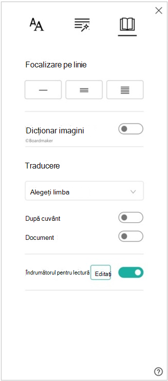 Captură de ecran a panoului cu preferințele de citire din Immersive Reader, afișând opțiunile pentru focalizarea liniei, dicționarul de imagini, traducere și Îndrumătorul pentru citire.