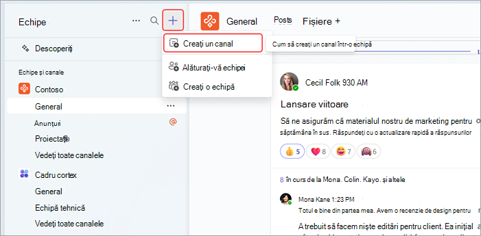 Captură de ecran afișând navigarea din Teams pentru a crea canalul
