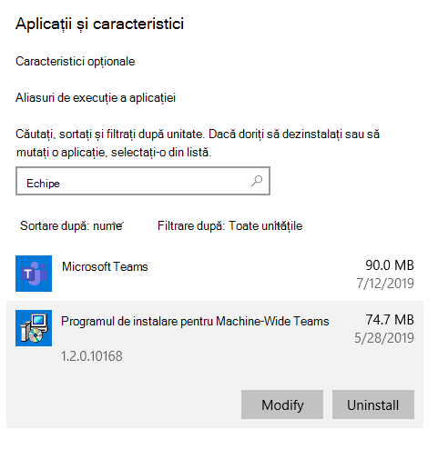 Un pas în procesul de dezinstalare a Teams din Windows