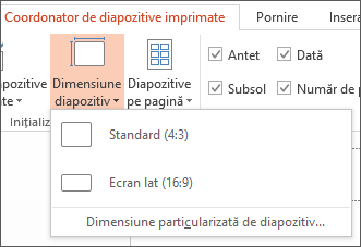 Meniul Dimensiune diapozitiv