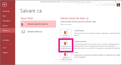 Opțiunea Salvați pentru implementare de pe pagina Salvare ca