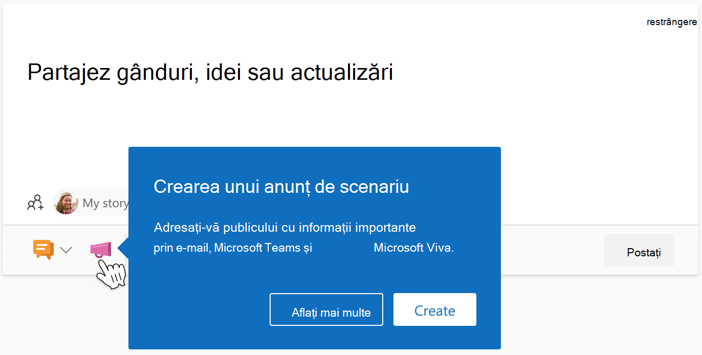 Imagine cu bara informativă de sub un anunț de scenariu în Viva Engage