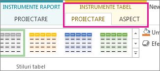 Grupul Stiluri tabel din fila Proiectare - Instrumente tabel