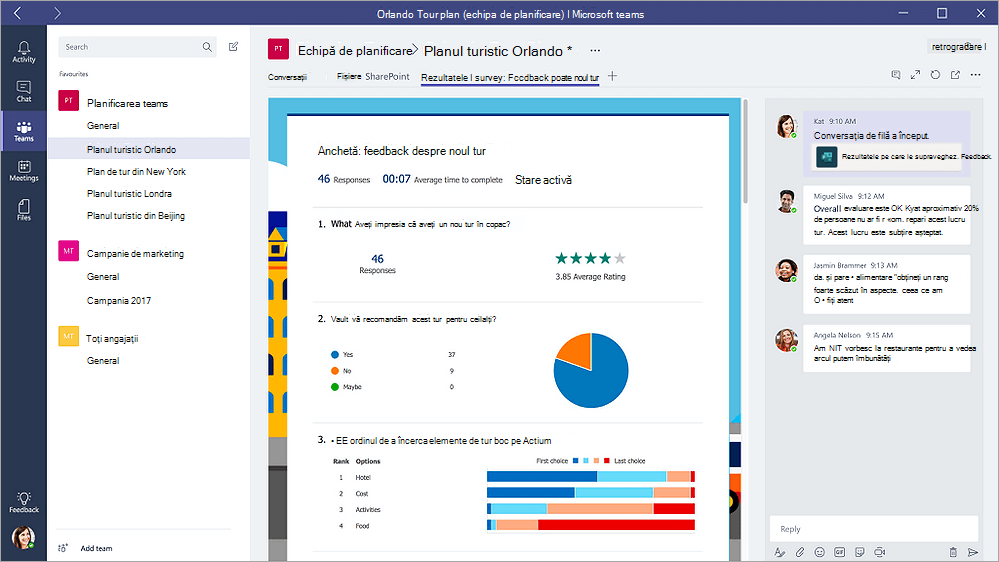 Fila Formulare din Microsoft Teams care afișează un formular în modul "Rezultate"