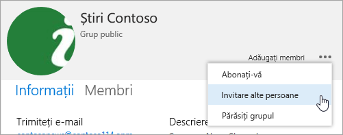 Captură de ecran a butonului invitați alte persoane din fișa de grup.