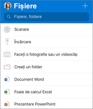 Captură de ecran a meniului Adăugare din aplicația OneDrive pentru iOS