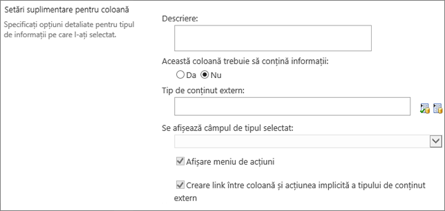 Opțiuni coloană date externe