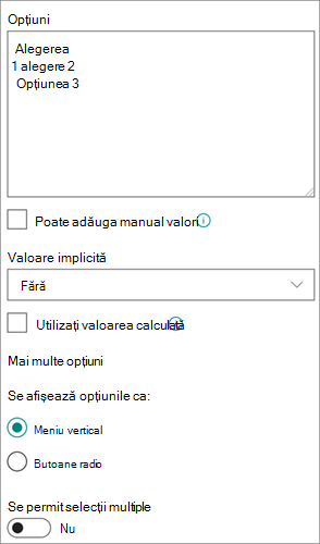 Opțiuni pentru coloanele Alegere din experiența modernă