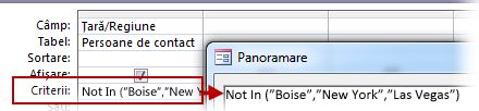 Pentru a afișa toate persoanele de contact care nu se află în Regatul Unit sau SUA sau Franța, utilizați criteriile Not In ("Text", "Text", "Text"…)