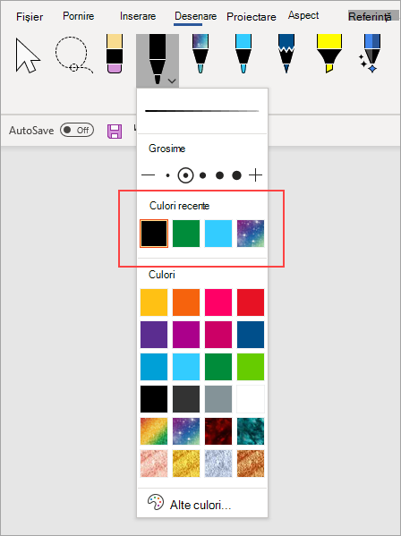 Opțiunea Creion Culori recente