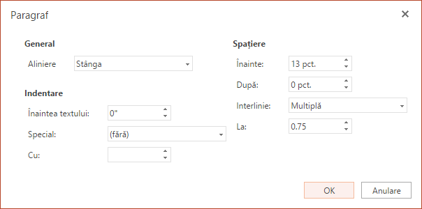 Caseta de dialog Paragraf are opțiuni pentru setarea alinierii orizontale, a indentării pe marginea din stânga și a interliniei.
