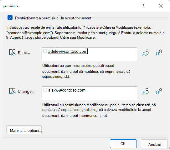 Caseta de dialog Permisiuni IRM care arată cine are permisiunea Citire pentru acest fișier și cine are permisiuni de modificare la fișier.