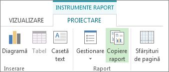 Butonul Copiere raport din fila Proiectare - Instrumente raport