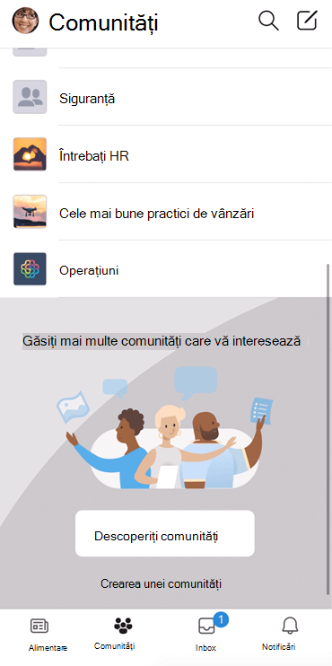 Captură de ecran afișând descoperirea comunităților Yammer în aplicația mobilă