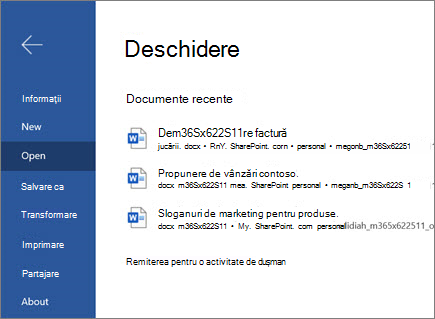 Deschiderea unui document în Word