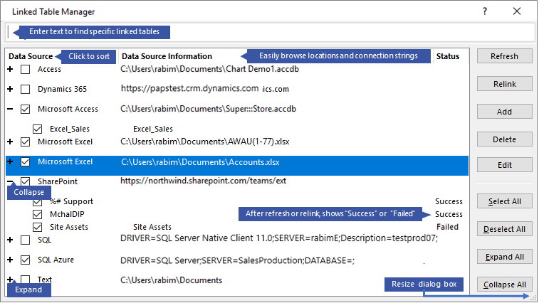 Caseta de dialog Manager de tabele legate