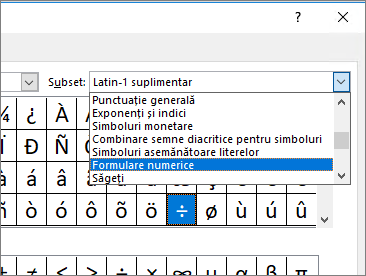 Selectați Formulare numerice în caseta de dialog Subset pentru a afișa fracții și alte simboluri matematice