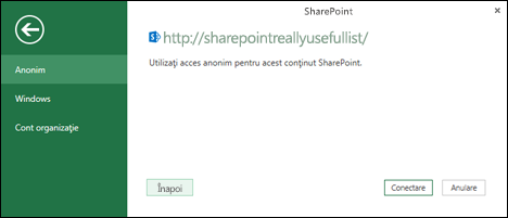 Excel Power Query vă conectați la o casetă de dialog Conectare listă SharePoint