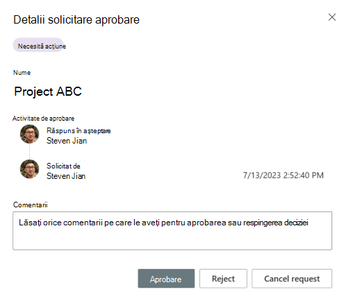 Captură de ecran afișând caseta de dialog Detalii solicitare aprobare.