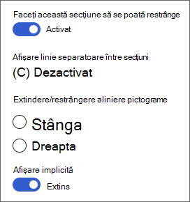 Captură de ecran cu opțiunile pentru secțiunile care se pot restrânge în caseta de instrumente Secțiune.