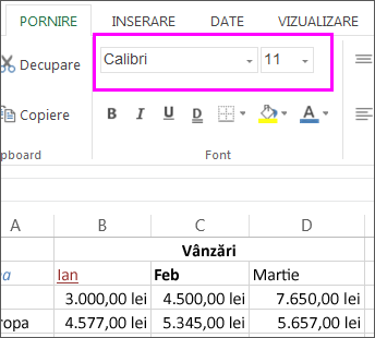 alegeți O ALTĂ DIMENSIUNE SAU UN ALT STIL DE FONT FOLOSIND BUTOANELE DE FONT DIN PANGLICĂ