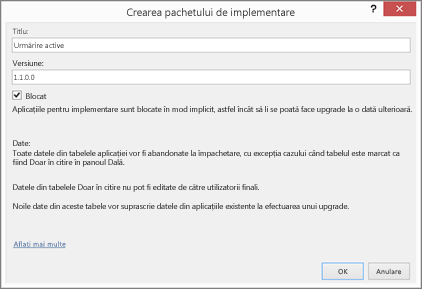 Caseta de dialog Crearea pachetului de implementare