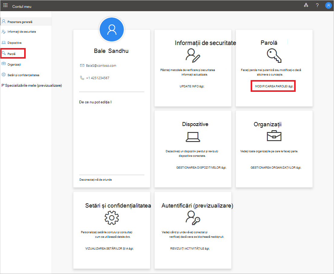 Pagina Contul meu, afișând linkul Modificare parolă evidențiat