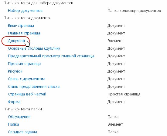 Типы контента документа с выделенным типом