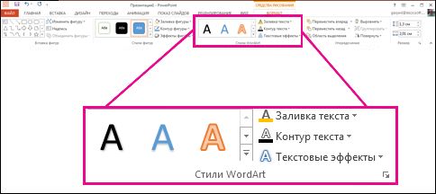 Команды раздела "Стили WordArt" на ленте