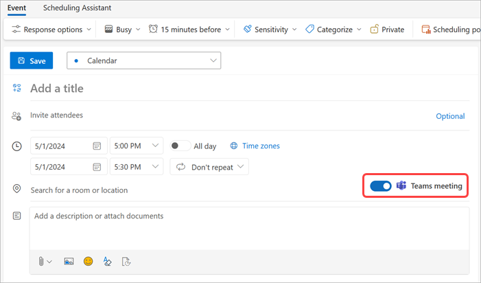 Включите переключатель собрания Teams в Outlook, чтобы запланировать собрание Teams.