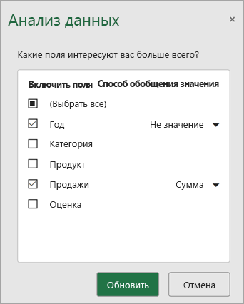 Выберите поля, которые нужно включить и обновить, чтобы получить новые рекомендации.