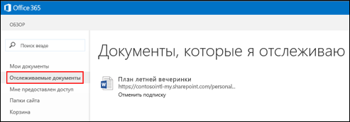 Снимок экрана с документами OneDrive для бизнеса, которые вы отслеживаете в Office 365.