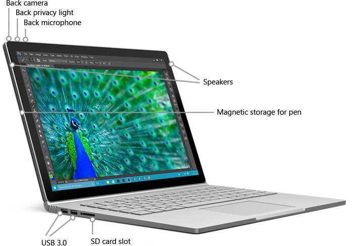 Компоненты на передней части Surface Book