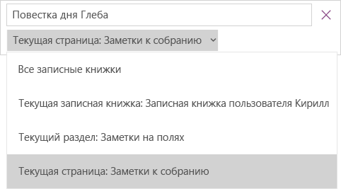 Раскрывающееся меню поиска с параметрами определения области. Активна текущая страница.