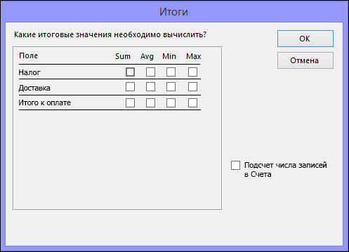 Выберите способ расчета итоговых значений в диалоговом окне "Итоги".