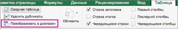 На вкладке "Таблица" выберите команду "Преобразовать в диапазон"