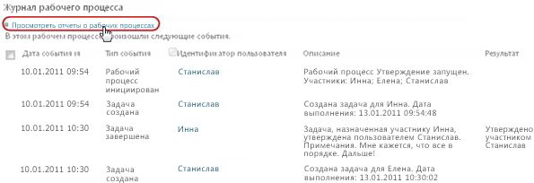 Выбор ссылки "Просмотреть отчеты о рабочих процессах" в разделе "Журнал рабочего процесса"