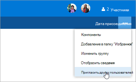 Снимок экрана: кнопка "Пригласить других пользователей" в параметрах группы.