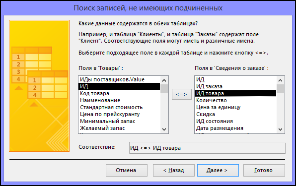 Выберите соответствующие поля таблиц в диалоговом окне мастера поиска записей без подчиненных