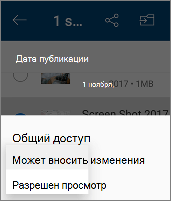 Снимок экрана: изменение разрешения при совместном использовании в приложении OneDrive для Android