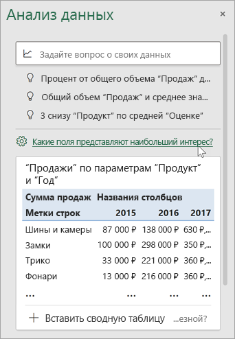 Область "Анализ данных" со ссылкой для указания необходимых для использования полей.