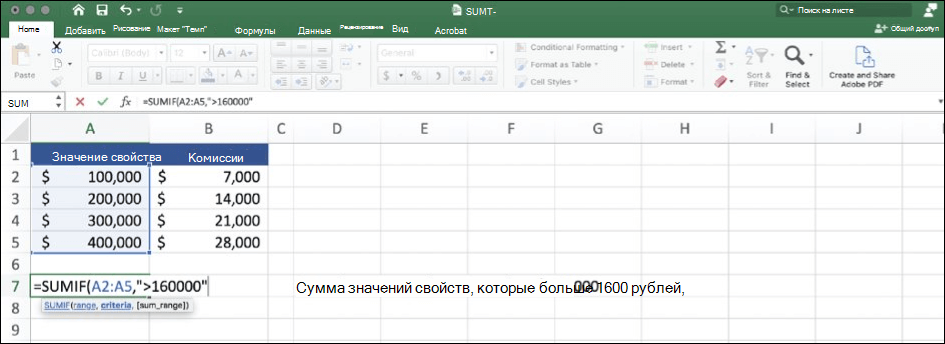 Снимок экрана: данные Excel с использованием функции СУММЕСЛИ